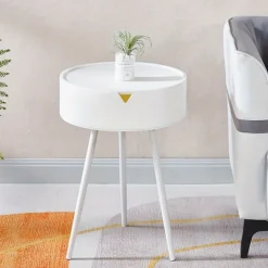 Casual Style Flip Top Side Table with Storage Plastic Round End Coffee Table Modern Bedside Accent Table with Leg Base for Living Room, Bedroom, Office