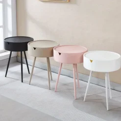Casual Style Flip Top Side Table with Storage Plastic Round End Coffee Table Modern Bedside Accent Table with Leg Base for Living Room, Bedroom, Office