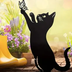 Cat Metal Silhouette Statue Iron Black Cats Stake Animal Floor Plug Decoration Crafts Yard Garden Art Signs for Cat Lovers Gifts for Lawn Farm Flowerbed