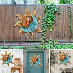 Celestial Metal Golden-sun And Blue Moon Face Wall Art 3D Decorative Indoor Outdoor Plaque Vinyl Ornaments Waterproof Durable Home Hanging Retro Style Decor for Living Room Office Garden Decoration