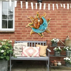 Celestial Metal Golden-sun And Blue Moon Face Wall Art 3D Decorative Indoor Outdoor Plaque Vinyl Ornaments Waterproof Durable Home Hanging Retro Style Decor for Living Room Office Garden Decoration