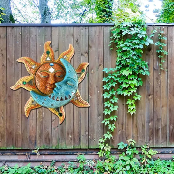 Celestial Metal Golden-sun And Blue Moon Face Wall Art 3D Decorative Indoor Outdoor Plaque Vinyl Ornaments Waterproof Durable Home Hanging Retro Style Decor for Living Room Office Garden Decoration