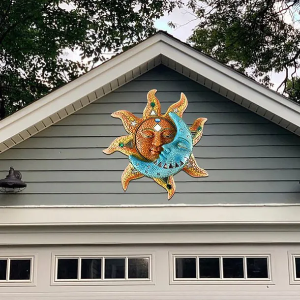 Celestial Metal Golden-sun And Blue Moon Face Wall Art 3D Decorative Indoor Outdoor Plaque Vinyl Ornaments Waterproof Durable Home Hanging Retro Style Decor for Living Room Office Garden Decoration