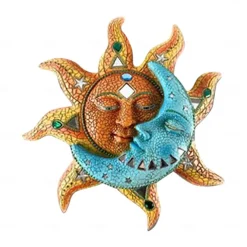 Celestial Metal Golden-sun And Blue Moon Face Wall Art 3D Decorative Indoor Outdoor Plaque Vinyl Ornaments Waterproof Durable Home Hanging Retro Style Decor for Living Room Office Garden Decoration