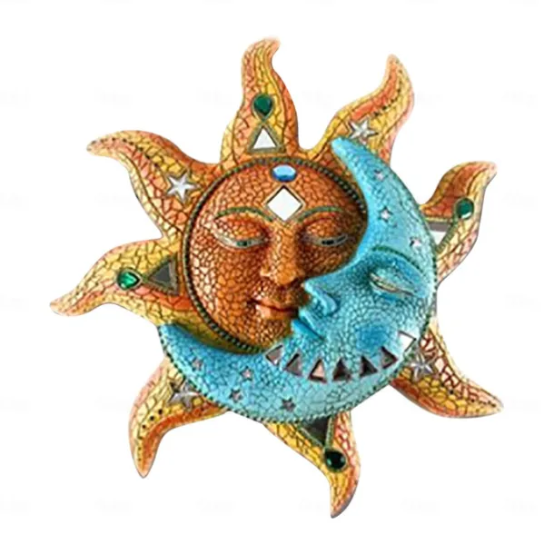Celestial Metal Golden-sun And Blue Moon Face Wall Art 3D Decorative Indoor Outdoor Plaque Vinyl Ornaments Waterproof Durable Home Hanging Retro Style Decor for Living Room Office Garden Decoration