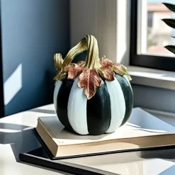 Charming Black & White Plaid Pumpkin Figurine - Resin Autumn Tabletop Decor, Perfect for Thanksgiving & Halloween, Versatile Indoor/Outdoor Home Centerpiece