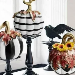 Charming Black & White Plaid Pumpkin Figurine - Resin Autumn Tabletop Decor, Perfect for Thanksgiving & Halloween, Versatile Indoor/Outdoor Home Centerpiece