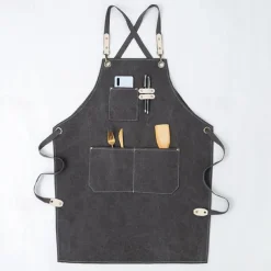Chef Apron Black for Men Women with Pocket, Cotton Canvas Work Apron Cross Back Heavy Duty Adjustable