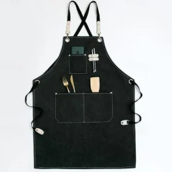 Chef Apron Black for Men Women with Pocket, Cotton Canvas Work Apron Cross Back Heavy Duty Adjustable