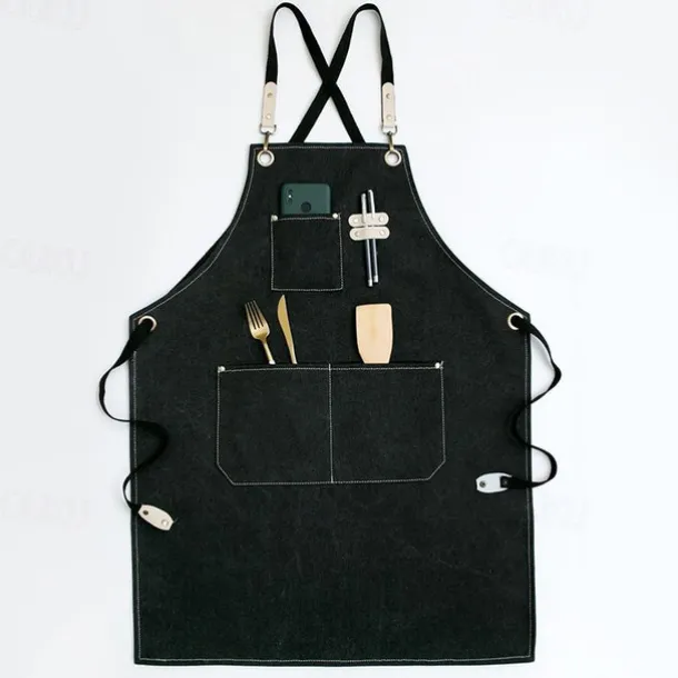 Chef Apron Black for Men Women with Pocket, Cotton Canvas Work Apron Cross Back Heavy Duty Adjustable