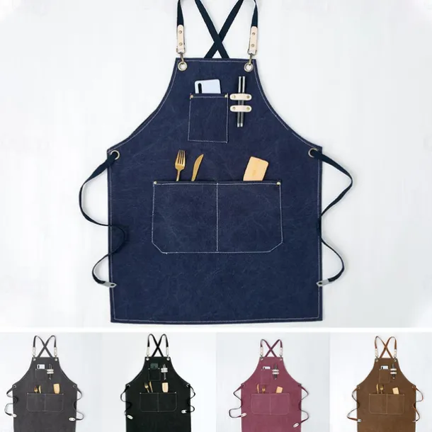 Chef Apron Black for Men Women with Pocket, Cotton Canvas Work Apron Cross Back Heavy Duty Adjustable