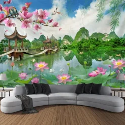 Chinese Garden Hanging Tapestry Wall Art Large Tapestry Mural Decor Photograph Backdrop Blanket Curtain Home Bedroom Living Room Decoration