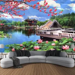 Chinese Garden Hanging Tapestry Wall Art Large Tapestry Mural Decor Photograph Backdrop Blanket Curtain Home Bedroom Living Room Decoration