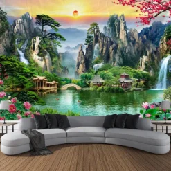 Chinese Landscape Painting Hanging Tapestry Wall Art Large Tapestry Mural Decor Photograph Backdrop Blanket Curtain Home Bedroom Living Room Decoration