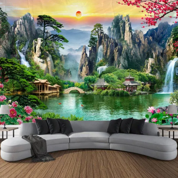 Chinese Landscape Painting Hanging Tapestry Wall Art Large Tapestry Mural Decor Photograph Backdrop Blanket Curtain Home Bedroom Living Room Decoration