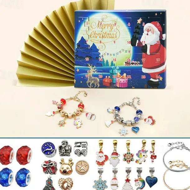 Christmas Advent Calendar Pink Bracelets 2025 for Girls 24 Days Xmas Countdown Calendar DIY Jewelry Making Kit Gift 22 Charm Beads 2 Bracelets for Kids Teens Women