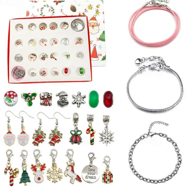 Christmas Advent Calendar Pink Bracelets 2025 for Girls 24 Days Xmas Countdown Calendar DIY Jewelry Making Kit Gift 22 Charm Beads 2 Bracelets for Kids Teens Women