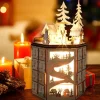 Christmas Advent Calendar, LED Revolving Music Box Advent Calendar Decorated with Christmas Tree Reindeer House LED Lights, Lighted Wooden Carved 24 Day Countdown to Christmas Calendar, 24 Storage Dra