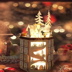 Christmas Advent Calendar, LED Revolving Music Box Advent Calendar Decorated with Christmas Tree Reindeer House LED Lights, Lighted Wooden Carved 24 Day Countdown to Christmas Calendar, 24 Storage Dra