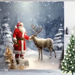 Christmas Bathroom Deco Shower Curtain with Hooks Bathroom Decor Waterproof Fabric Shower Curtain Set with12 Pack Plastic Hooks