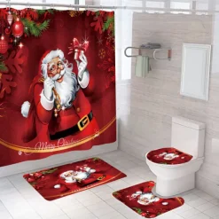 Christmas Bathroom Shower Curtain, Xmas Decoration Curtain with 12 Hooks