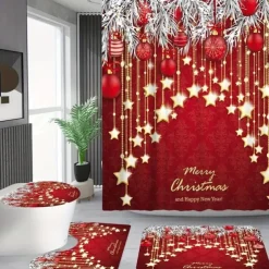 Christmas Bathroom Shower Curtain, Xmas Decoration Curtain with 12 Hooks