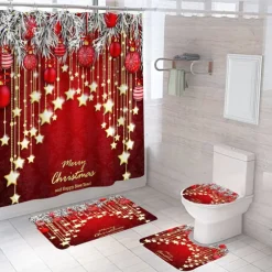 Christmas Bathroom Shower Curtain, Xmas Decoration Curtain with 12 Hooks