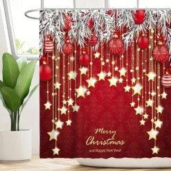 Christmas Bathroom Shower Curtain, Xmas Decoration Curtain with 12 Hooks