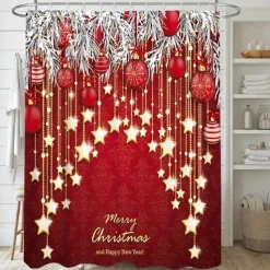 Christmas Bathroom Shower Curtain, Xmas Decoration Curtain with 12 Hooks