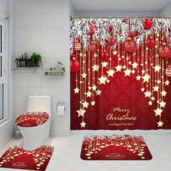 Christmas Bathroom Shower Curtain, Xmas Decoration Curtain with 12 Hooks