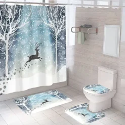 Christmas Bathroom Shower Curtain, Xmas Decoration Curtain with 12 Hooks