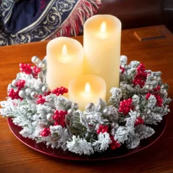 Christmas Candle Garland Rings Flocked Red Fruits Candle Holder Garland Artificial Berries Candle Rings with Pine Cones Mini Wreaths Christmas Centrepiece for Table(Without Candle)