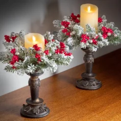 Christmas Candle Garland Rings Flocked Red Fruits Candle Holder Garland Artificial Berries Candle Rings with Pine Cones Mini Wreaths Christmas Centrepiece for Table(Without Candle)