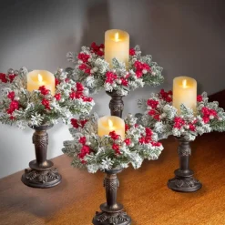 Christmas Candle Garland Rings Flocked Red Fruits Candle Holder Garland Artificial Berries Candle Rings with Pine Cones Mini Wreaths Christmas Centrepiece for Table(Without Candle)