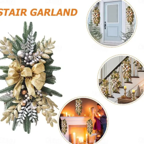 Christmas Decorations Christmas Wreaths Xmas Swags with Lights Cordless Prelit Stairway Stairway Staircase Window Wall Decoration Teardrop Trim Wreath Rattan Shopping Mall Hotel Outdoor