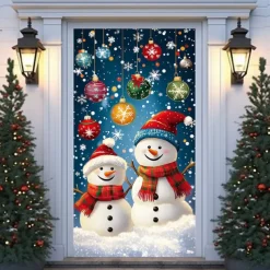 Christmas Door Decorations Door Covers Xmas Joyful Snowman Door Tapestry Door Curtain Decoration Backdrop Indoor/Outdoor Door Banner for Front Door Farmhouse Holiday Party Decor Supplies
