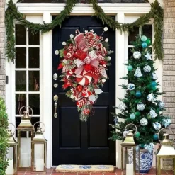 Christmas Garland Candy Flower Plant Upside Down Tree Wreath Xmas Upside Down Tree Garland Hanging Christmas Candy Bow Hanging Christmas Door Hanging Wall Decoration