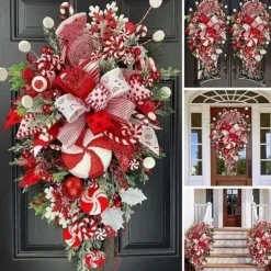 Christmas Garland Candy Flower Plant Upside Down Tree Wreath Xmas Upside Down Tree Garland Hanging Christmas Candy Bow Hanging Christmas Door Hanging Wall Decoration