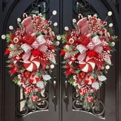 Christmas Garland Candy Flower Plant Upside Down Tree Wreath Xmas Upside Down Tree Garland Hanging Christmas Candy Bow Hanging Christmas Door Hanging Wall Decoration