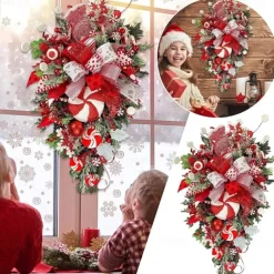 Christmas Garland Candy Flower Plant Upside Down Tree Wreath Xmas Upside Down Tree Garland Hanging Christmas Candy Bow Hanging Christmas Door Hanging Wall Decoration