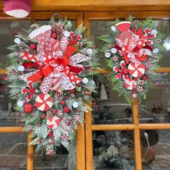 Christmas Garland Candy Flower Plant Upside Down Tree Wreath Xmas Upside Down Tree Garland Hanging Christmas Candy Bow Hanging Christmas Door Hanging Wall Decoration
