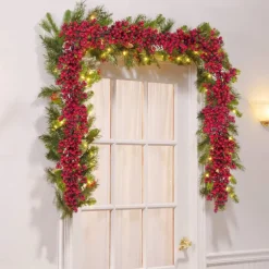 Christmas Garland Christmas Decorations Garland with Pine Cones Red Berries Bristle Pine Garland Xmas Decoration Indoor Outdoor Home Mantle Fireplace Holiday Decor Christmas
