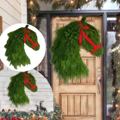 Christmas Horse Head Wreath Outdoor for Front Door Winter Wreath Window Decoration Garland Simulation Green Plants Durable Green Front Door Hanging