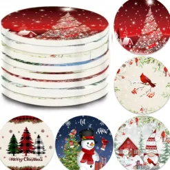 Christmas Round Coasters for Drinks Set of 4,Marble Blue Ocean Style Absorbent Ceramic Coasters with Cork Base,No Scratched and Soiled