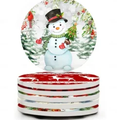 Christmas Round Coasters for Drinks Set of 4,Marble Blue Ocean Style Absorbent Ceramic Coasters with Cork Base,No Scratched and Soiled