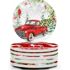 Christmas Round Coasters for Drinks Set of 4,Marble Blue Ocean Style Absorbent Ceramic Coasters with Cork Base,No Scratched and Soiled