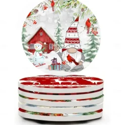 Christmas Round Coasters for Drinks Set of 4,Marble Blue Ocean Style Absorbent Ceramic Coasters with Cork Base,No Scratched and Soiled