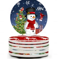 Christmas Round Coasters for Drinks Set of 4,Marble Blue Ocean Style Absorbent Ceramic Coasters with Cork Base,No Scratched and Soiled