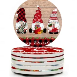 Christmas Round Coasters for Drinks Set of 4,Marble Blue Ocean Style Absorbent Ceramic Coasters with Cork Base,No Scratched and Soiled