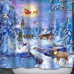 Christmas Shower Curtain Bathroom and Hook Rainbow Classic Polyester Cute Bathroom Decorations Spectacular Scene Snowman Santa Claus Elk Tree